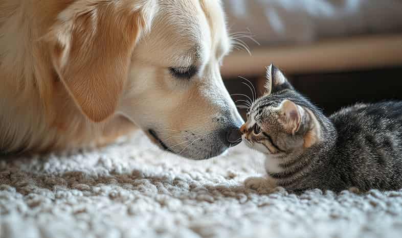 Dog and cat nose to nose.